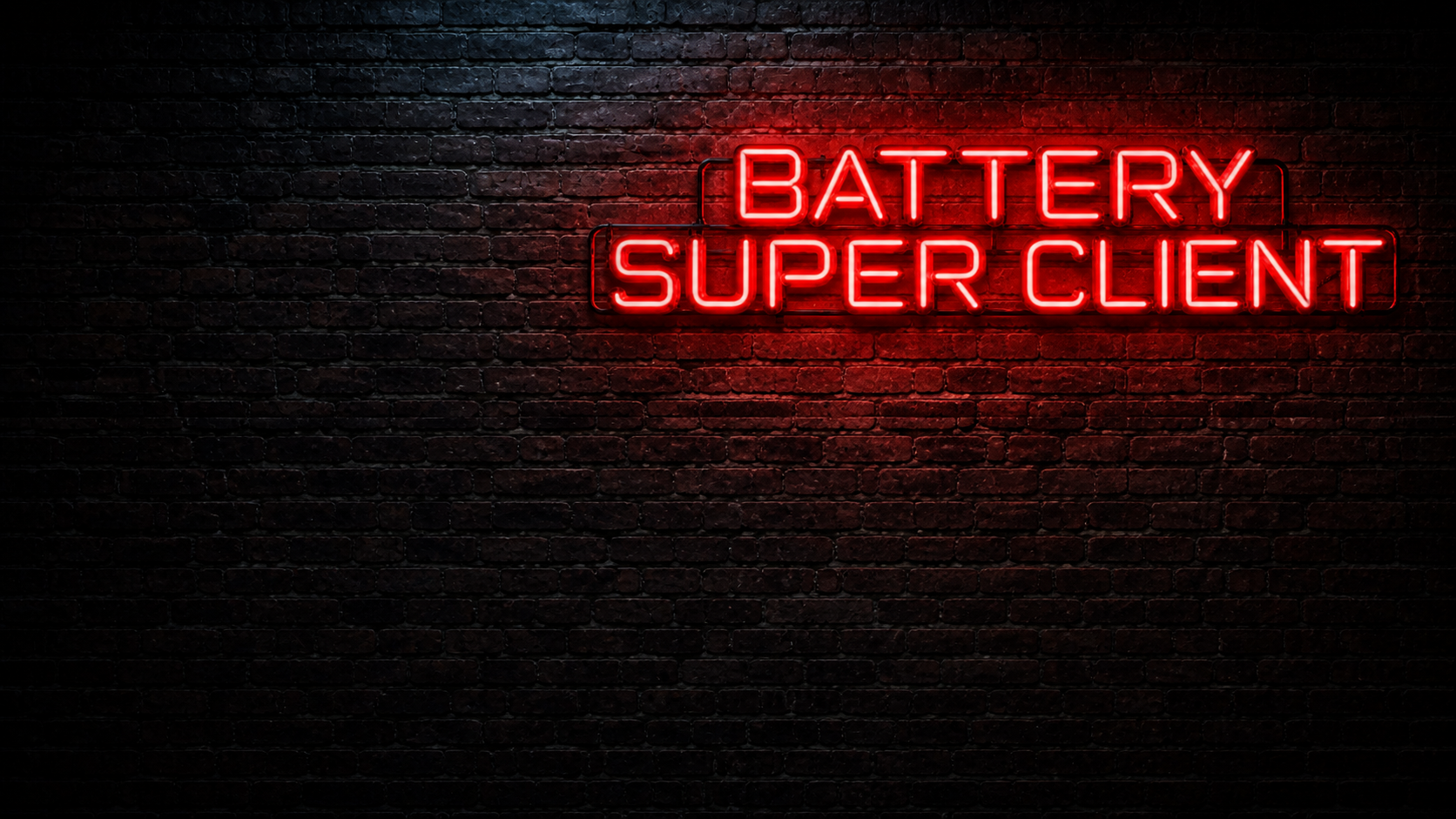 Battery Super Client red neon sign on a brick wall