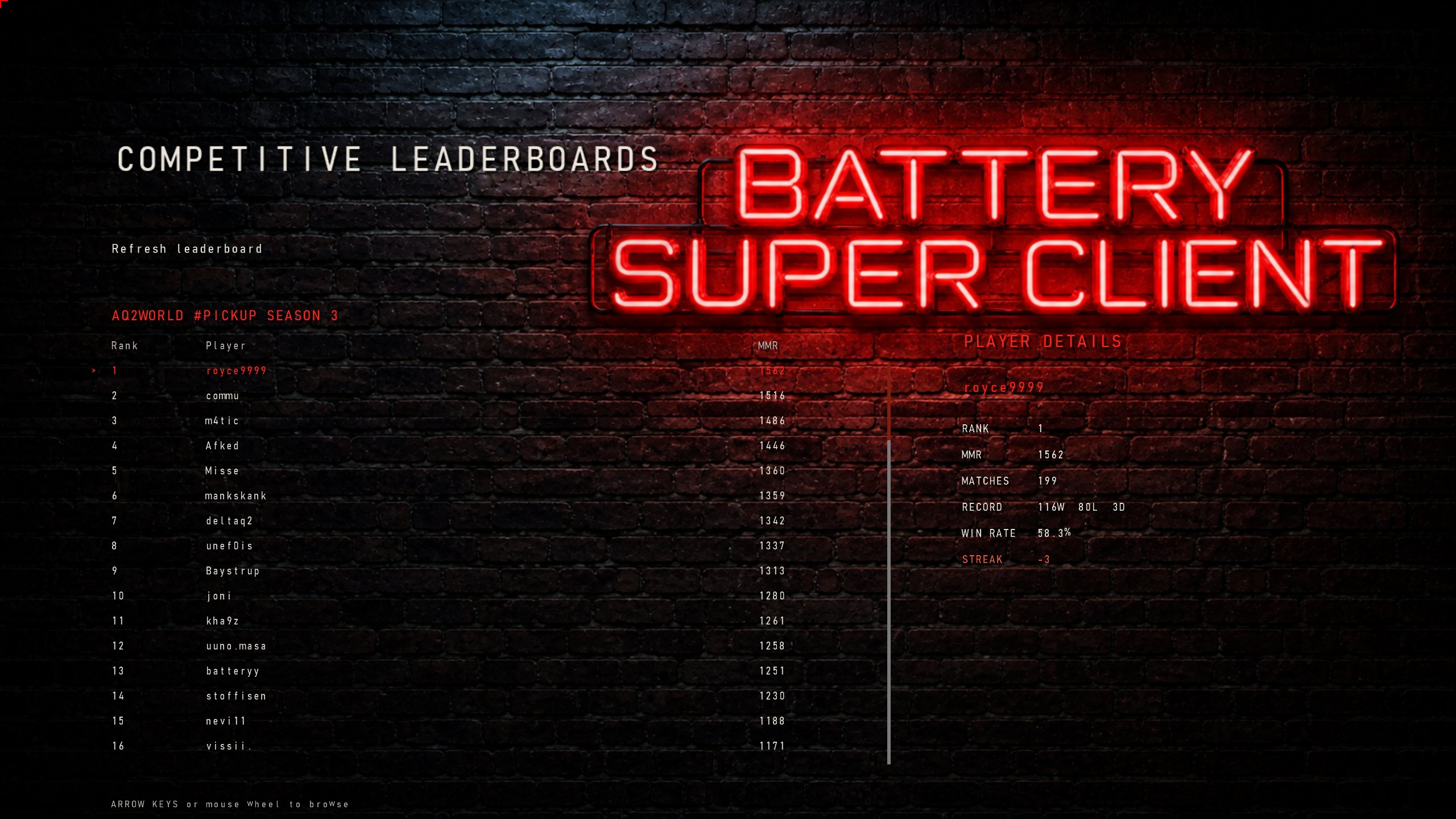 Competitive leaderboards and player details inside Battery Super Client
